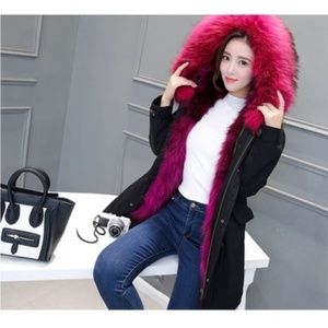 Burgundy Fox/Raccoon Fur Hooded Canvas Coat